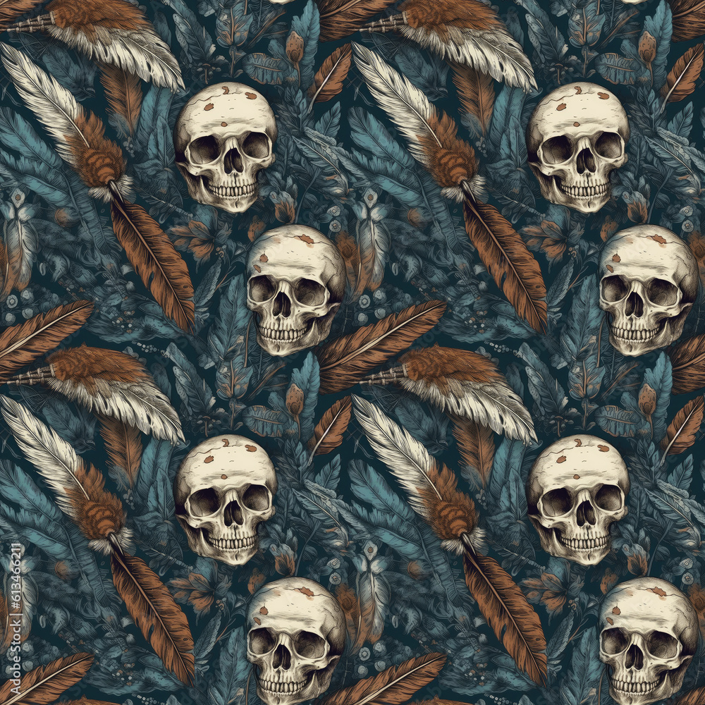 Seamless pattern with skulls, bird feathers and flowers. AI generated