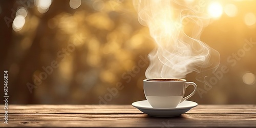 Romantic mornings. Cup of fresh coffee and autumn on wooden table on blur mountain background