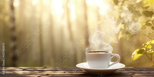 Romantic mornings. Cup of fresh coffee and autumn on wooden table on blur mountain background