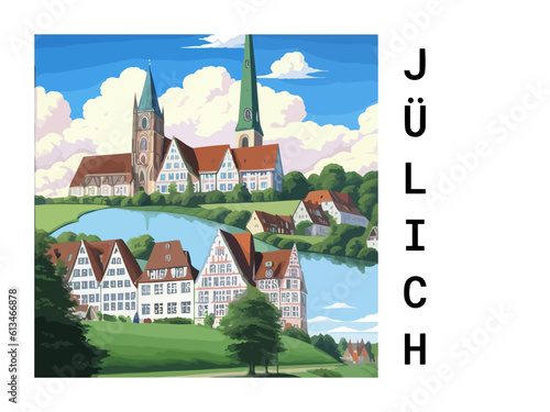 Jülich: Vintage artistic travel poster with a German scenic panorama and the title Jülich photo
