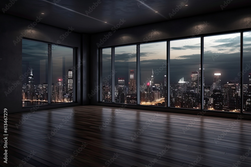 Elegant Black Interior of a Room with a View of the Cityhouse Outside the Glass: Generative AI