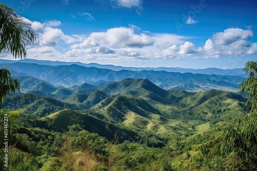 Enchanting Panorama of the Cuban Mountains and Jungle Under a Cloudy Blue Sky: Generative AI