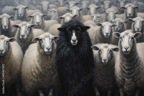 Black sheep in the middle of a flock of white sheep. Generative AI