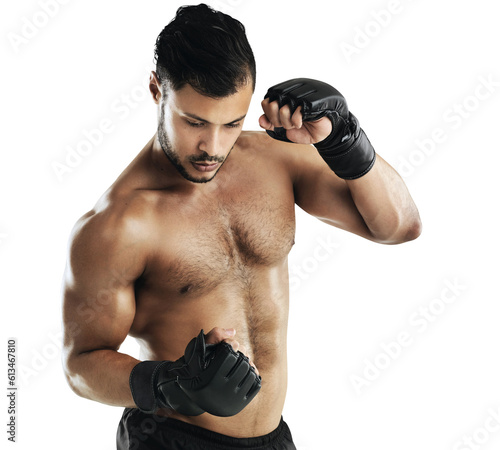 Isolated man, mma and punch for training with power, guard or workout by transparent png background. Fighter guy, conflict or gloves for boxing club, fight or martial arts with fist, sport or fitness