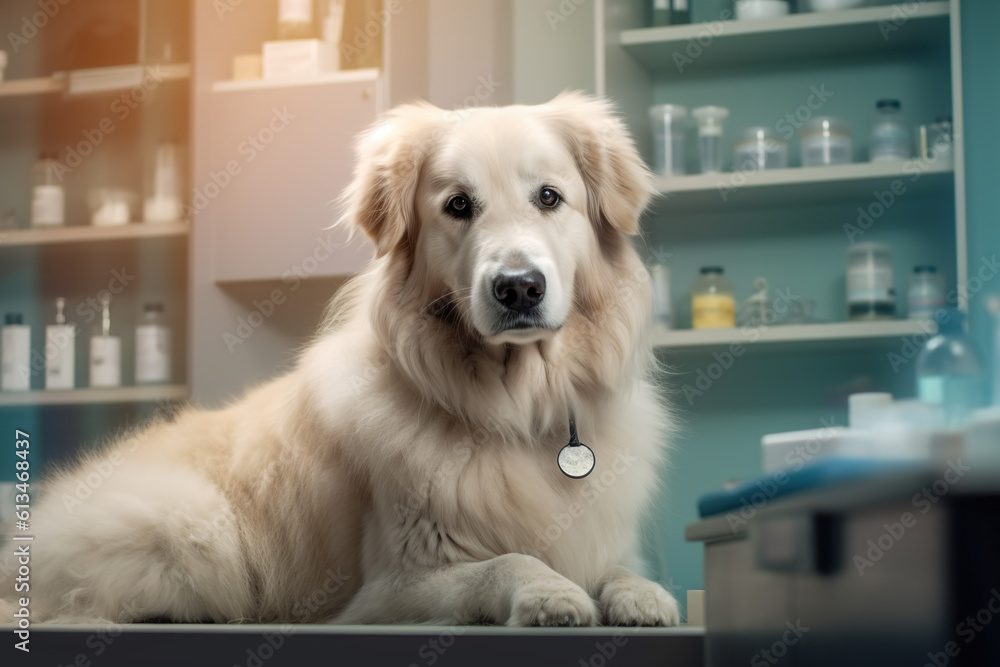 Calm dog in a veterinary clinic. Animal health. Ia generate