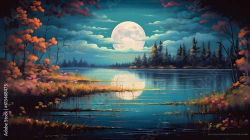 Beautiful harvest moon rising over a clear lake with trees and flowers. Abstract landscape colorful painting of night on magic. © Prasanth