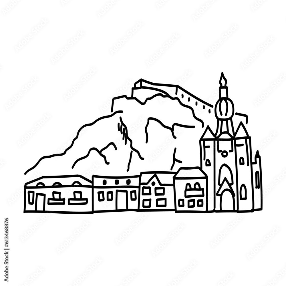 Hand drawn doodle outline icon of european castle in mountains.