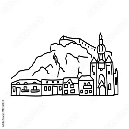 Hand drawn doodle outline icon of european castle in mountains.