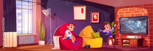 Video game room for kid boy with tv and console cartoon vector illustration. Gamer home interior with young child character player. School friends chill and competition with joystick on armchair