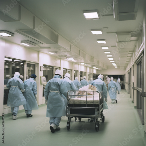 Medical staff, nurses and doctors carrying a stretcher in the hospital. Generative AI. photo