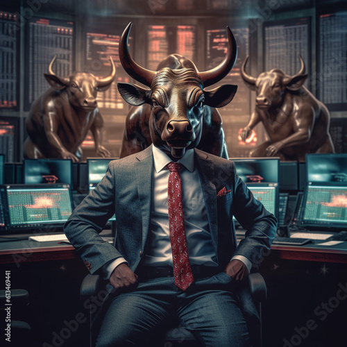 Bull with a stock market graph in the background. Generative AI.