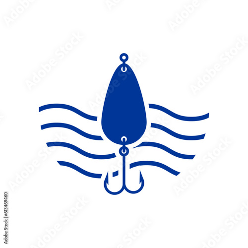 Logo de pesca. Icono aislado anzuelo doble de pesca con olas de mar