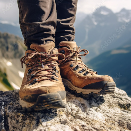 Hiking boots in the mountains. Generative AI.