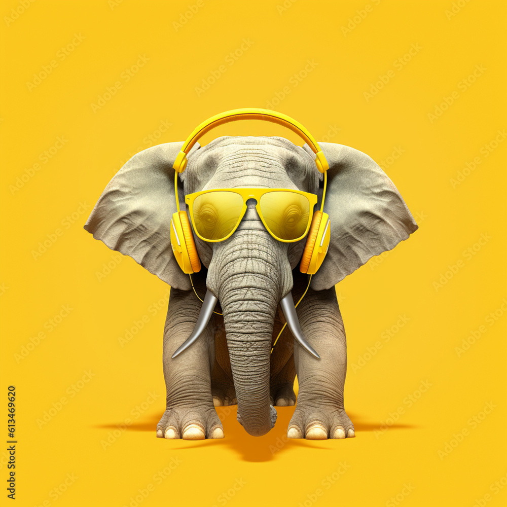 Elephant with sunglasses and music headphones on a yellow background. Generative AI. Elephant with sunglasses and music headphones on a yellow background. Generative AI.
