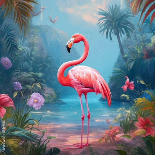 Flamingo on a tropical background. Generative AI.