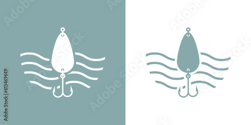 Logo de pesca. Icono aislado anzuelo doble de pesca con olas de mar