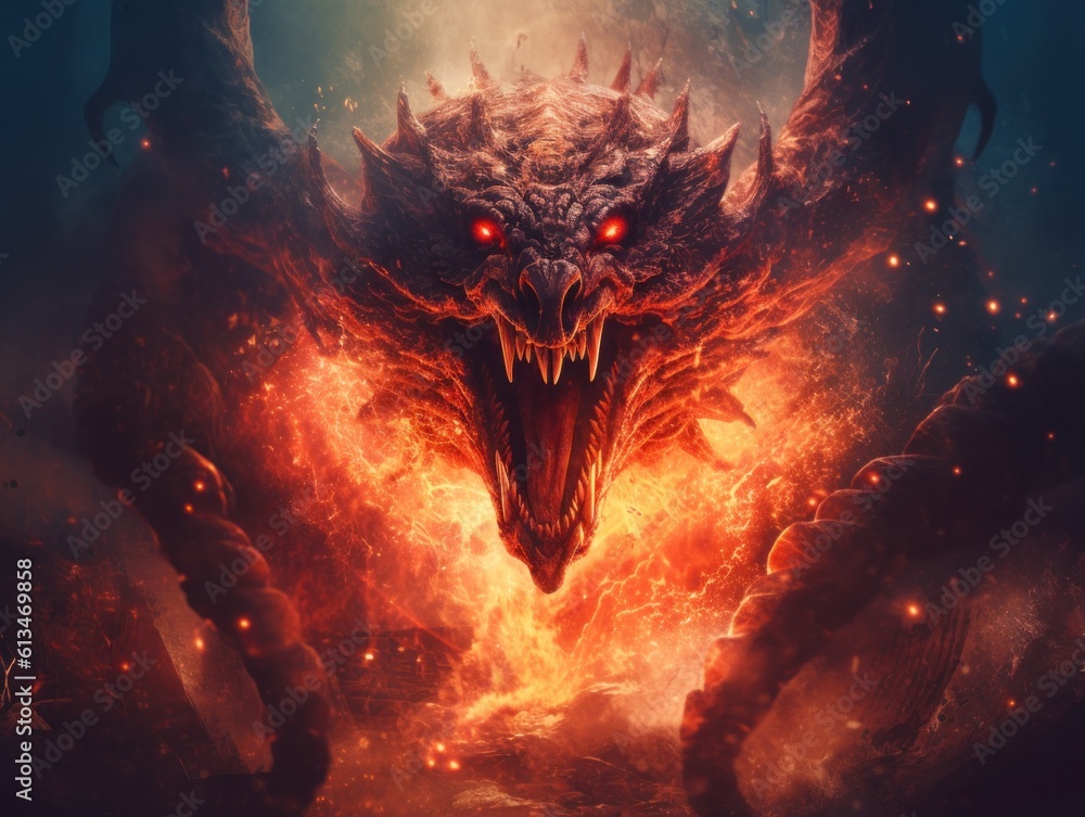 A demonic looking dragon with red eyes and flames coming out of it's ...