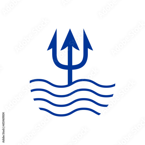 Logo Nautical. Silueta lineal de tridente de Neptuno con olas de mar
