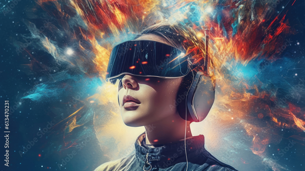 Woman wearing a VR headset, abstract virtual reality, created with generative ai Woman wearing a VR headset, abstract virtual reality, created with generative ai