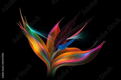 Abstract, colored bird of paradise on a black background, Generative Ai