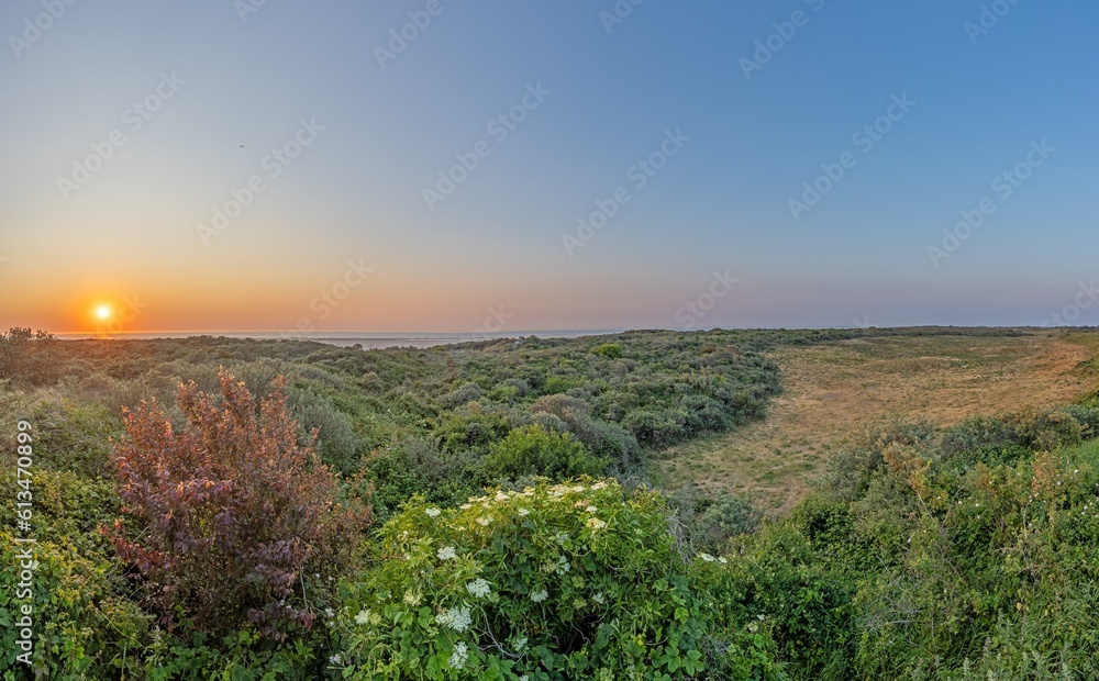 Panoramic picture over the dunes of Ouddorp in Holland durnig sunset