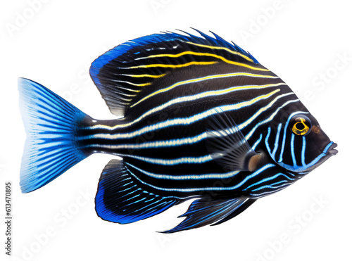 Blue and black Zebrasoma xanthurum fish on the transparent background PNG. AI generative.