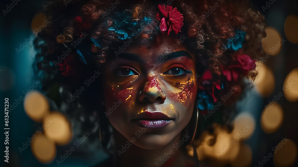 black girl or Sugar skull with bright make-up. Celebrating Halloween or Day of the dead. generative ai, ai, generative black girl or Sugar skull with bright make-up. Celebrating Halloween or Day of the dead. generative ai, ai, generative