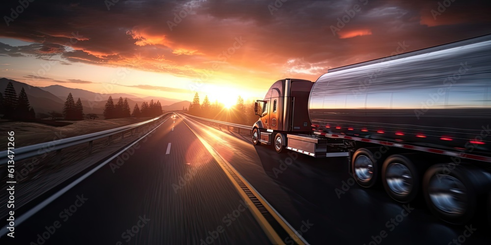 Highway horizons road. Transportation and Oil Industry at Sunset. Powering Business in the Transport Sector