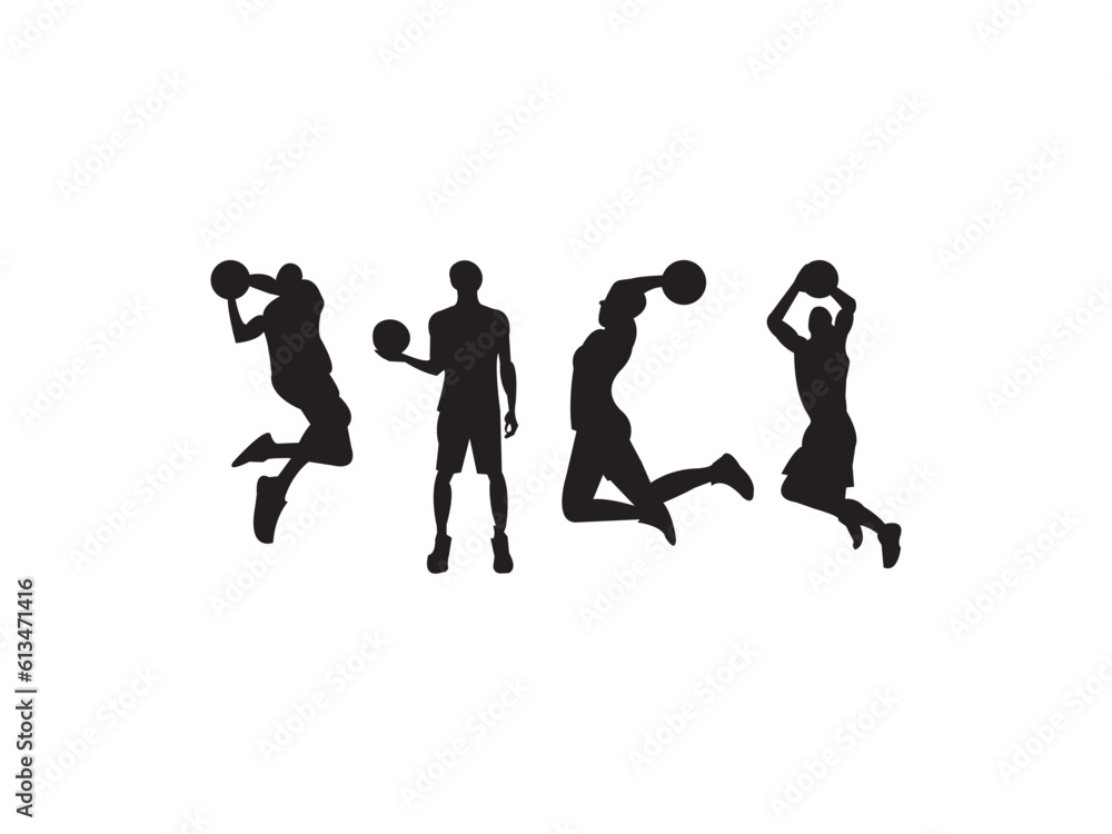 Vector set of Basketball player in action with ball.  Silhouettes of Basketball Players Vector set boy 