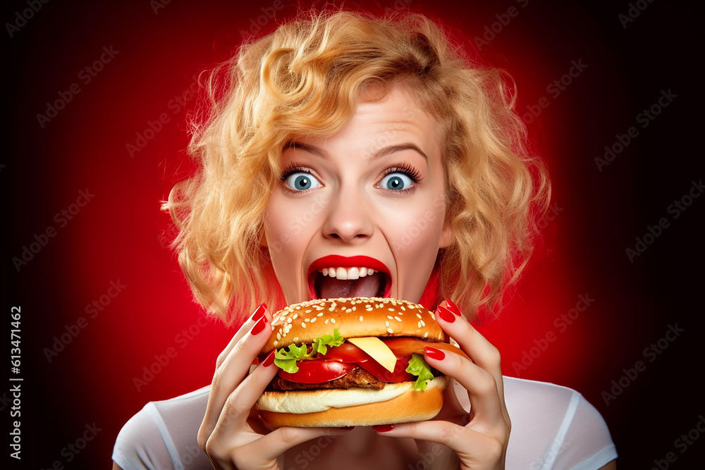 blonde hübsche Frau isst einen burger, Generative AI blonde hübsche Frau isst einen burger, Generative AI