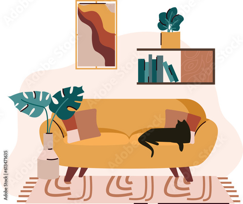 Sofa living room scene. Mid century style. Vector illustrations.