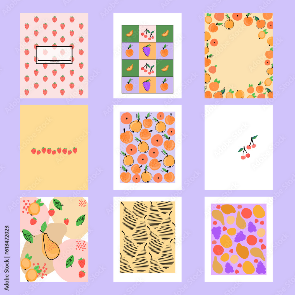Fototapeta premium Set vector fruit posters, abstract elements and textures, correct shapes. colored cherries, peaches, pear. simple cute design