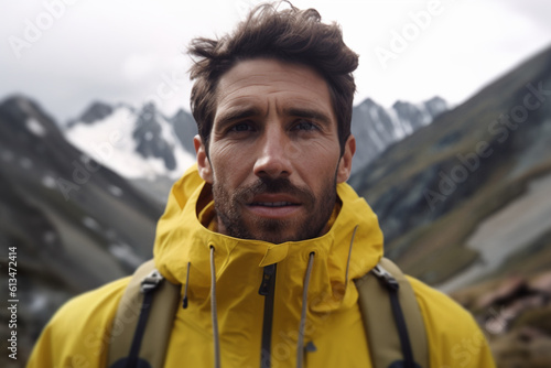 portrait of young man in yellow jacket in mountains © Наталья Добровольска