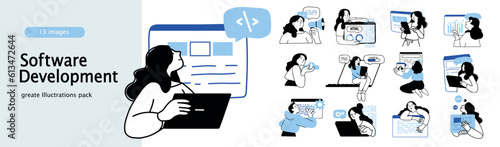 Set of mini concepts on the topic of software development. Illustration of cartoon characters in flat design that are involved in software. Vector illustration.