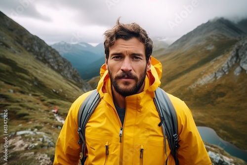 portrait of young man in yellow jacket in mountains