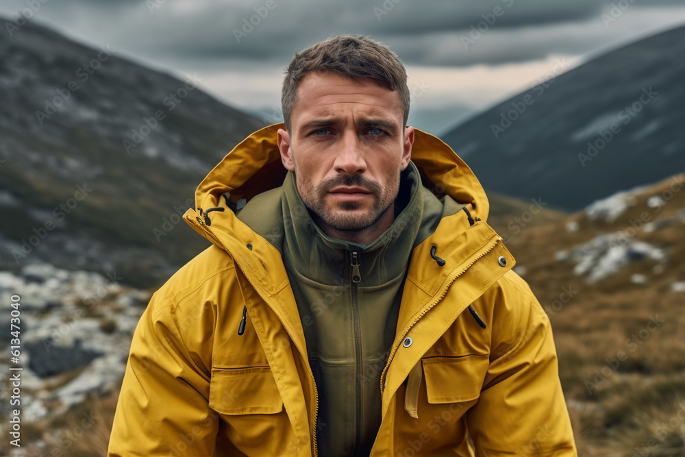 portrait of young man in yellow jacket in mountains