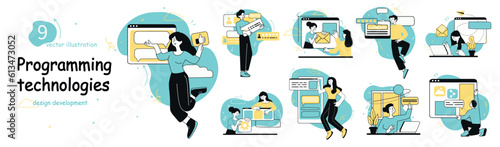 Set of mini concepts on the topic of designing developing programing technologies. Designers present new technologies in their work. Vector illustration.