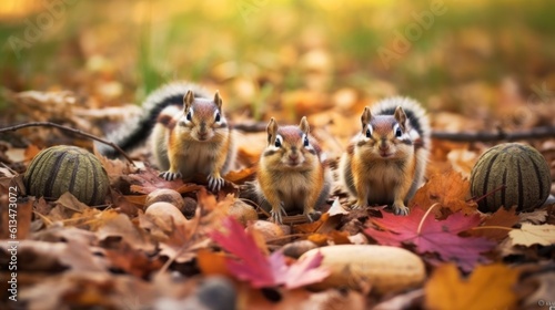 A group of chippers sitting on top of a pile of leaves. Generative AI image. photo