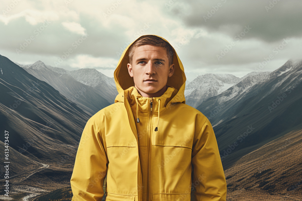 Naklejka premium portrait of young man in yellow jacket in mountains