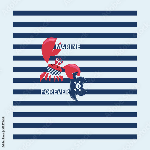 Crab pirate sailor. Marine forever. Funny red crab on background of a striped sailors shirt. Emblem.