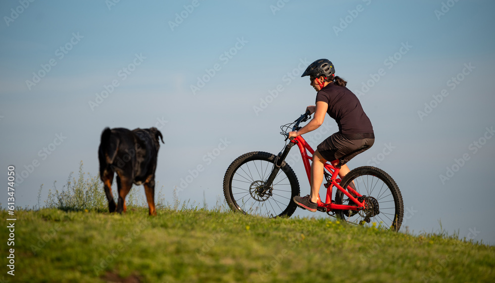 Female cycling on her mountain bike through the countryside on a sunny day.