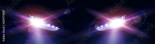 Realistic car headlights on transparent background. Vector illustration of auto headlamps shining bright, illuminating dark road, led or xenon lights glowing in at night. Vehicle design elements