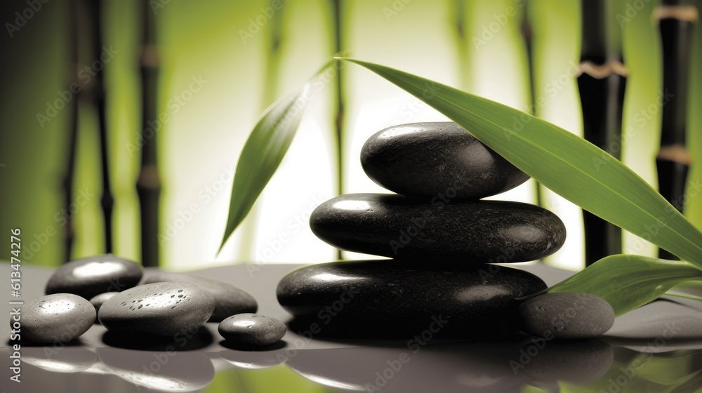 Relaxing wellness background with stones and bamboo. Generative AI Relaxing wellness background with stones and bamboo. Generative AI