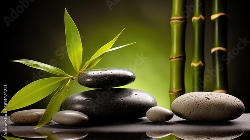 Relaxing wellness background with stones and bamboo. Generative AI