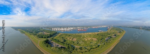 Panoramic drone picture from port Rotterdam with big transport ships