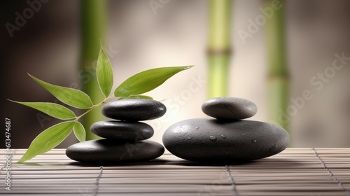 Relaxing wellness background with stones and bamboo. Generative AI