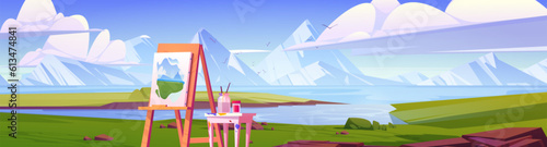 Mountain and sea landscape for drawing on easel for artist background illustration. Green river shore with nobody above blue sky with clouds. Wild nordic lagoon valley with field environment panorama