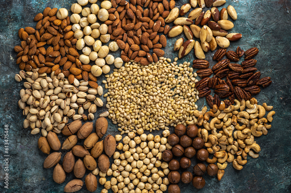 Naklejka premium Natural background made from different kinds of nuts.