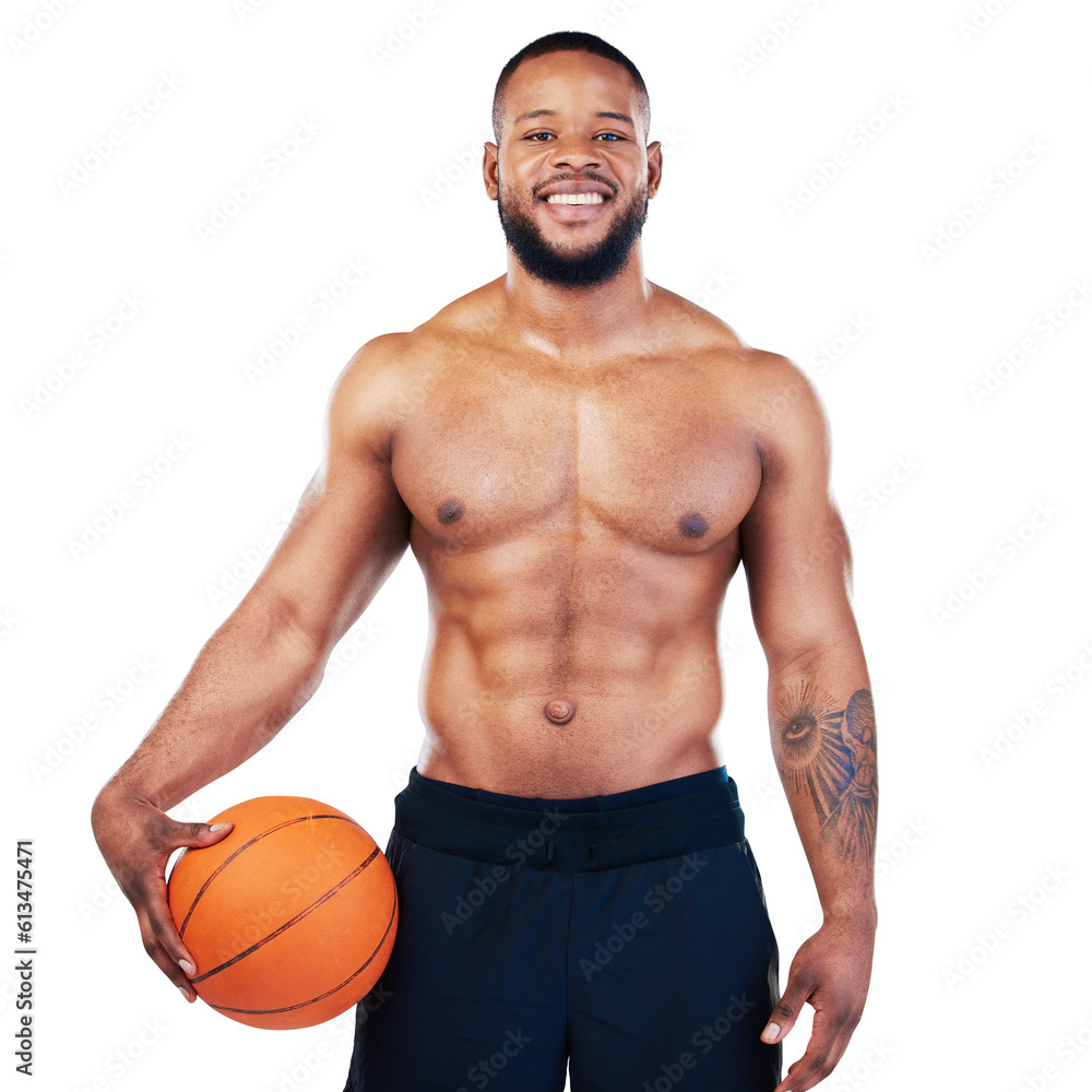 Isolated man, shirtless and basketball in portrait for fitness, sport or transparent png background. African athlete, professional sports and topless with ball game for wellness, training or workout Isolated man, shirtless and basketball in portrait for fitness, sport or transparent png background. African athlete, professional sports and topless with ball game for wellness, training or workout
