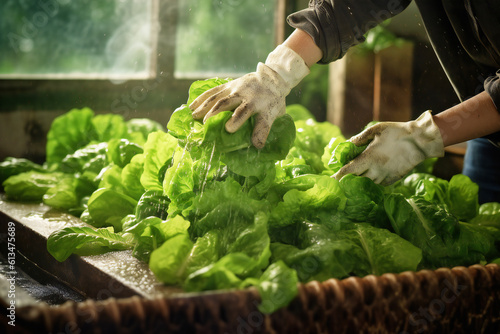 Obraz na płótnie Lettuce salad washing, created with AI tools. w salonie